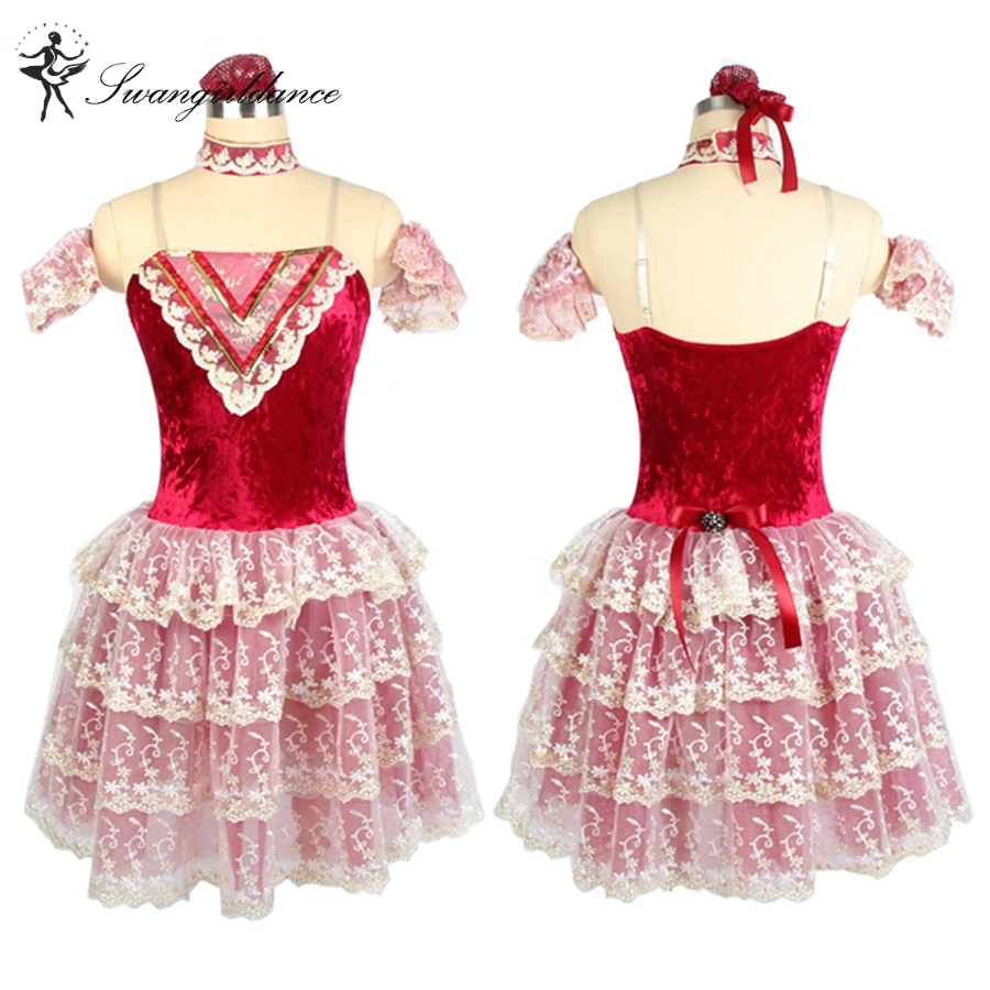 

romantic performance dance tutu dress ballerina Child Red wine Diamond velvet bodice giselle BL0110