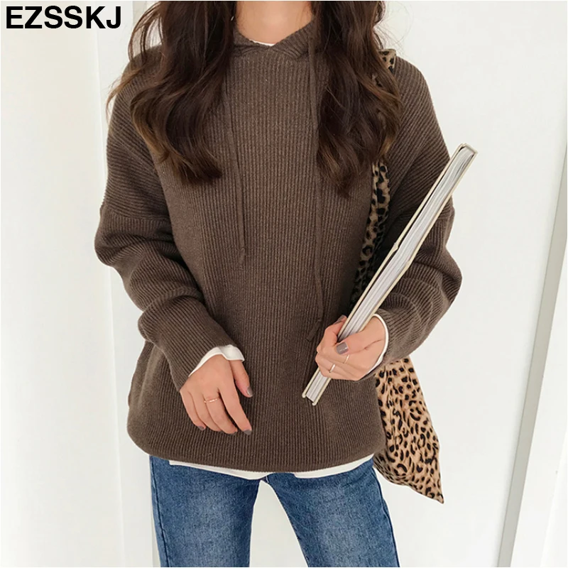 Длинный рукав большой женский свитер хаки толстый с капюшоном зимний свитер пуловер теплый женский мягкий длинный вязаный свитер джемпер