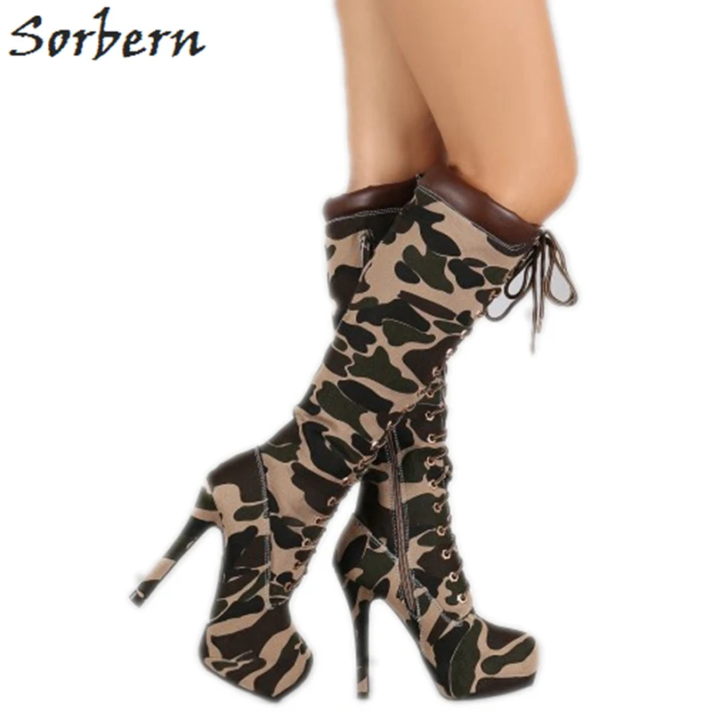 Sorben Camouflage Canvas Women High Stiletto Heel Boot Knee Camouflage Knee High Female Boots Long Canvas Bota Feminina