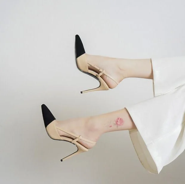

Pointed Toe Pumps 10cm Black Beige Mixed Color Patchwork Wedding Dress Shoes Cap Toe Cut-outs Slingback Stilettos Shoes for Wome