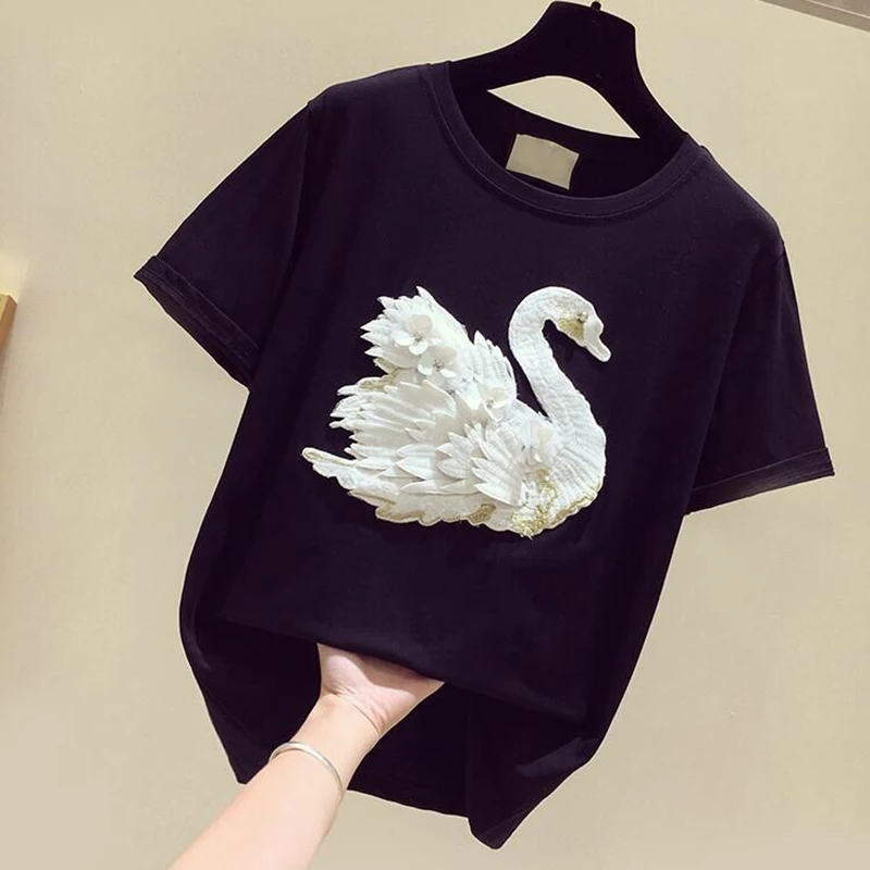 

Orwindny Women Summer Heavy Embroidery Diamond T-shirt Round Neck Swan Short Sleeve Cotton T-shirt Fashion Sweet Tops