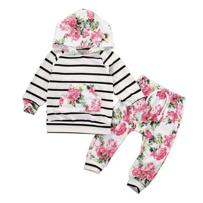

2PCS Baby Girls Clothes Sets Hooded Pullover Tops Casual Striped Pants Packet Clothes Sets Outfits Floral