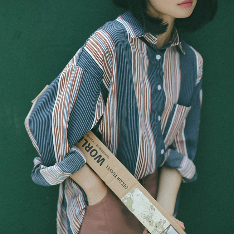 Goedkoop Mazefeng 2018 Lente Vrouwen Gestreepte Shirts Vintage Vrouwen Casual Dames Mode Lange Mouwen Eenvoudige Shirts Turn down Kraag