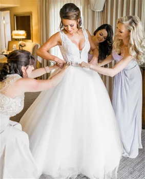 

New White Tulle Wedding Dresses Backless Lace Top Crystals Belt A Line Bridal Dress Custom Made Vestido De Casamento Cheap