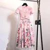 Conjunto de 2 piezas para mujer, Camiseta corta con Lazo de algodón rosa a la moda, trajes de faldas largas con estampado Floral de malla, verano 2022 ► Foto 1/6
