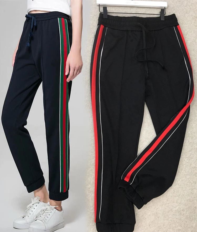 

2018 Luxury Brand Autumn New Style Women Loose Casual Striped Pants Fashion Black Green Elastic Waist Cotton Trousers