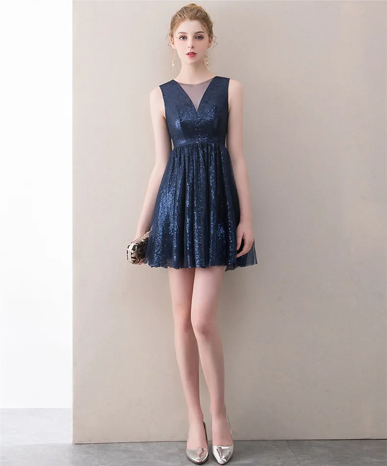 JaneVini Темно-синие короткие блестящее для Бала выпускников платье прозрачные v-образный вырез к требованиям заказчика; сверкающие; короткое