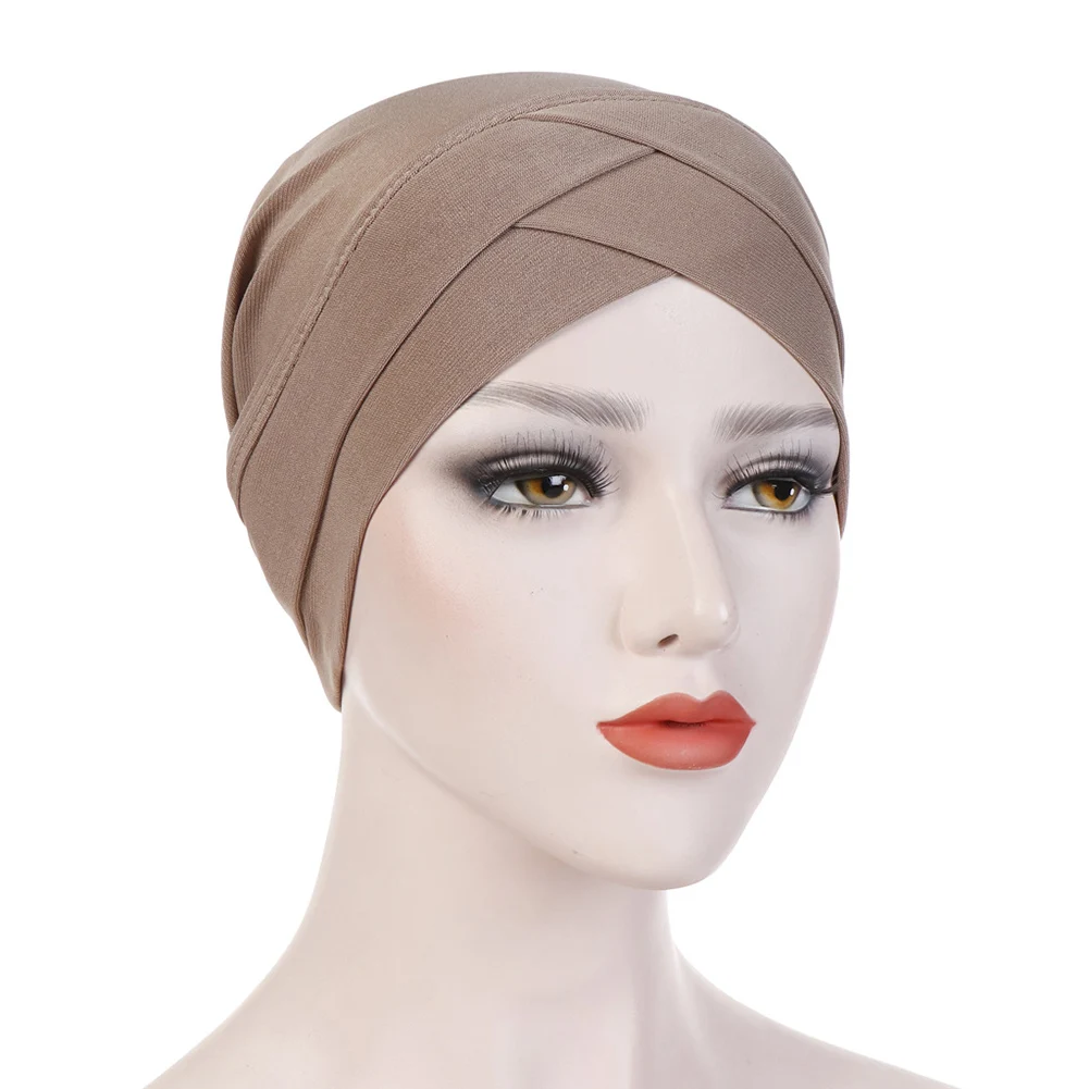 Women Muslim Hijab Scarf Inner Hijab Caps Ladies Islamic Cross Headband Turban Headwrap Hairband Women Muslim Hijab Headscarf - Цвет: khaki