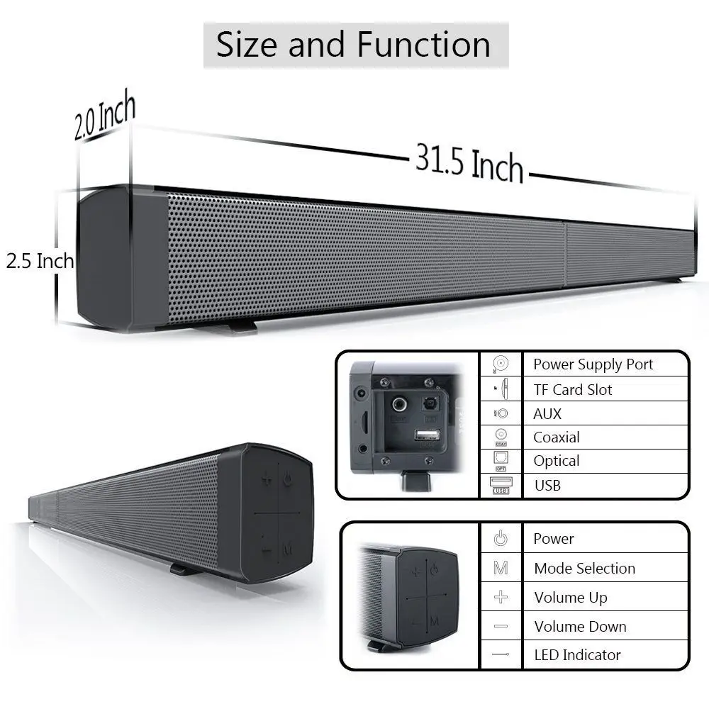 40 Вт домашний кинотеатр звуковая панель для ТВ музыкального центра Саундбар динамик домашний Bluetooth 4,0 звуковая панель 40 Вт с 2 фазоинвертором 4