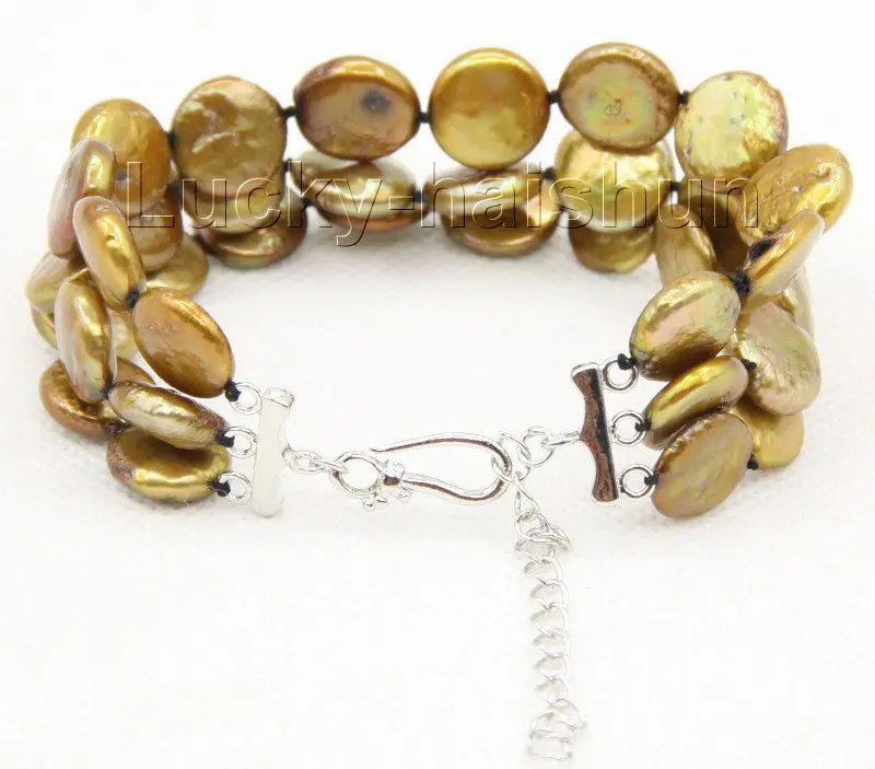 

Free Shipping >> new hot adjustable 7"-8.5" 3row 12mm coin fastener coffee pearls bracelet j10036
