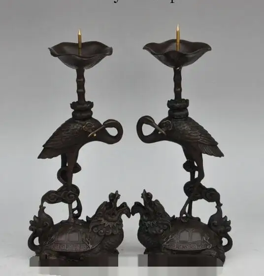 

S01109 11"china palace bronze animal dragon turtle crane Candlesticks latai statue pair (B0413)