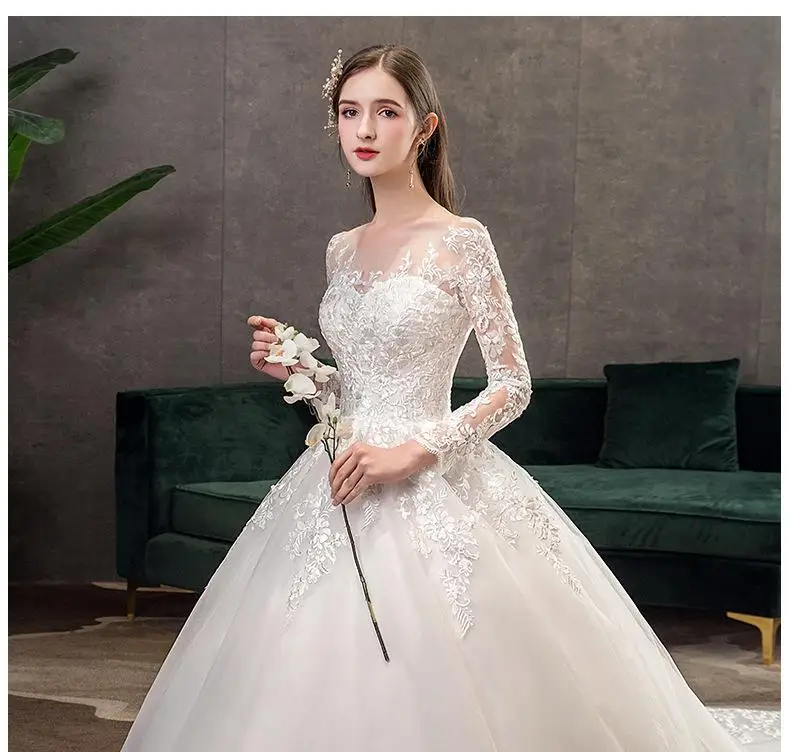 2022 New Vintage O Neck Full Sleeve Wedding Dress Illusion Simple Lace Embroidery Custom Made Bridal Gown Vestido De Noiva L short wedding dresses