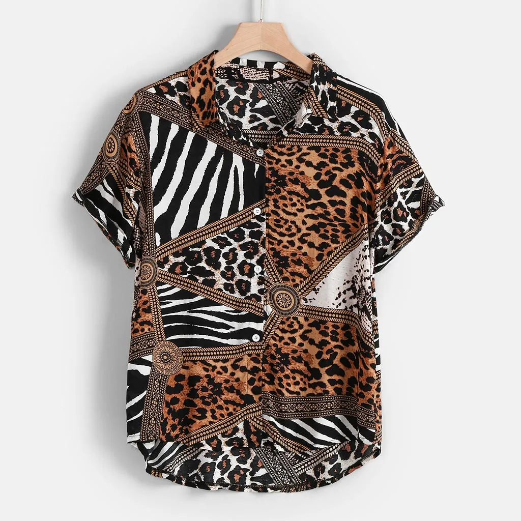 

Man Shirt Short Sleeve Stand Collar Shirt Casual Summer Lapel Panel Wild Striped Leopard Print Shirt Top Hawaiian Chemise homme