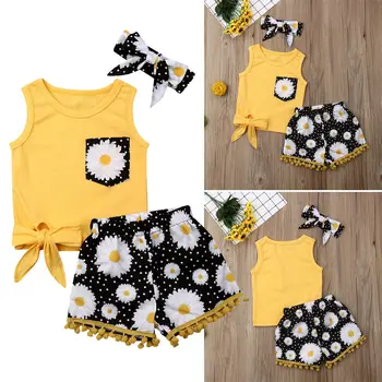 

2Pcs Kids Toddler Baby Girls Clothes Sleeveless Pocket Tops T-Shirt Romper Floral Sunflower Shorts Pants Outfits Set 6M-5Y