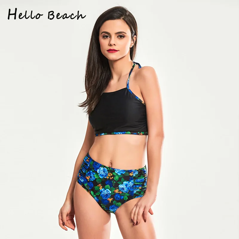 

HELLO BEACH Bikinis Women 2018 High Neck Swimsuits Push Up Biquini Sexy Print Bathing Suits High Waist Bikini Swimwear Female