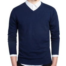 Хлопковый свитер мужские пуловеры с длинным рукавом Повседневные v-образным вырезом однотонные вязанные свитера Топы мужские плюс размер тонкий темно-синий свитер мужские 3XL