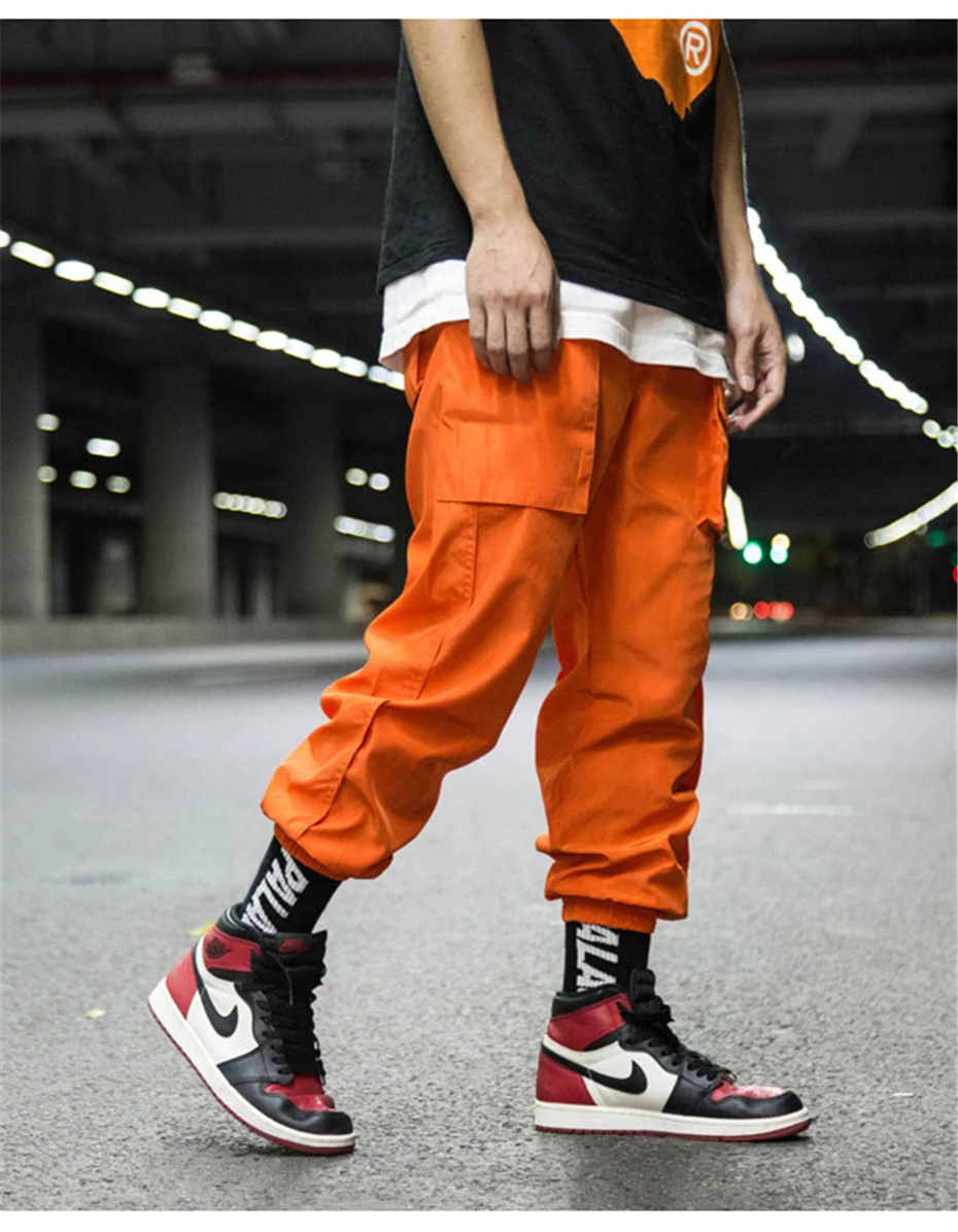 Мужские шаровары с боковыми карманами, брюки-карго в стиле хип-хоп, повседневные мужские брюки для бега, модные уличные штаны оранжевого цвета WA18
