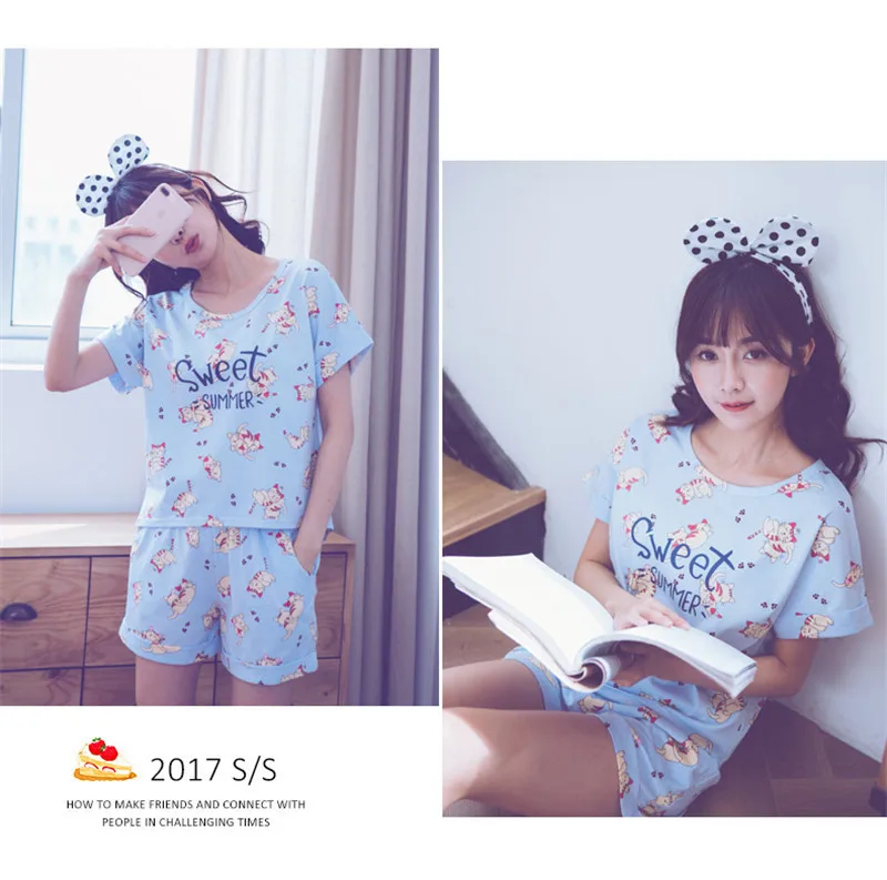 Мода 2017 г. летние пижамы Для женщин милый мультфильм хлопковые пижамы с коротким рукавом пижамы комплект Шорты для женщин Пижама домашняя