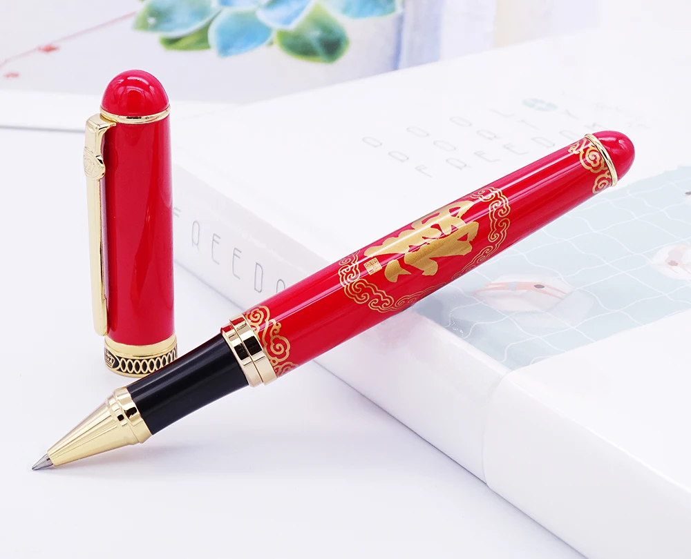Duke D2 Classic Red Rollerball Pen Chinese "fu" Pattern And Gold Clip