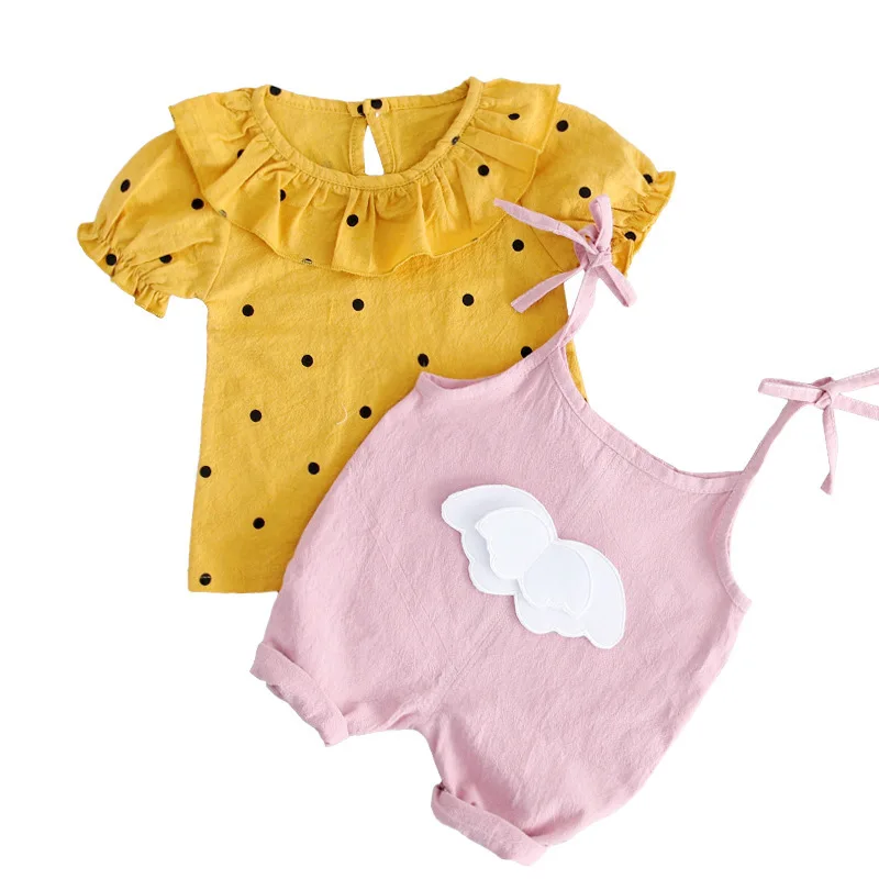 Baby Girl Summer Clothes Cute Angel Short Sleeve Tops+Backstrap Pants 2pcs Baby Set Newborn Outfit Cotton Casual Infant Clothing