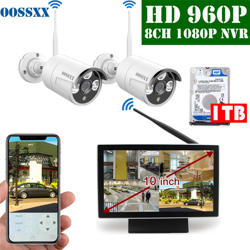 OOSSXX 8CH 1080P Wireless NVR Kit 10' Monitor Wireless CCTV 2pcs 960P Indoor Outdoor IP Camera Video Surveillance System OOSSXX 8CH 1080P Wireless NVR Kit 10' Monitor Wireless CCTV 2pcs 960P Indoor Outdoor IP Camera Video Surveillance System