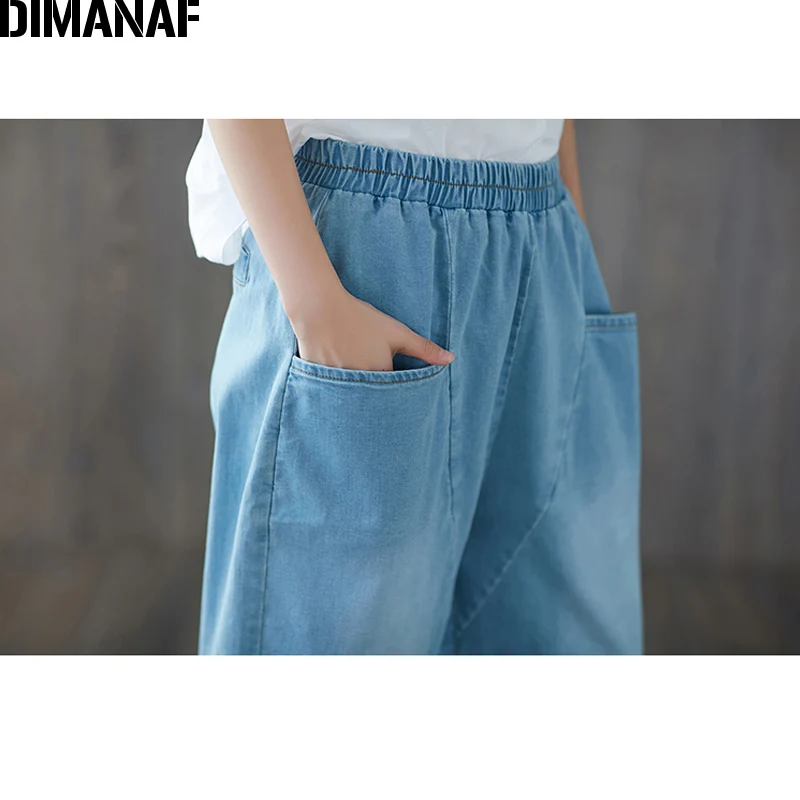 DIMANAF Women Plus Size Jeans Pants 2018 Summer Elastic Waist Fashion Spliced Loose Oversized Pants Female Trousers Blue Jeans