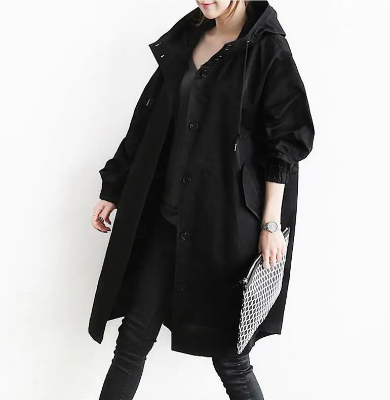 Longues S918 Femmes Casual Solide Couleur Vêtements À Manches Femme Capuche Manteau Poches 2018 Nouvelles Trench Black gray 6gpqAwXn8