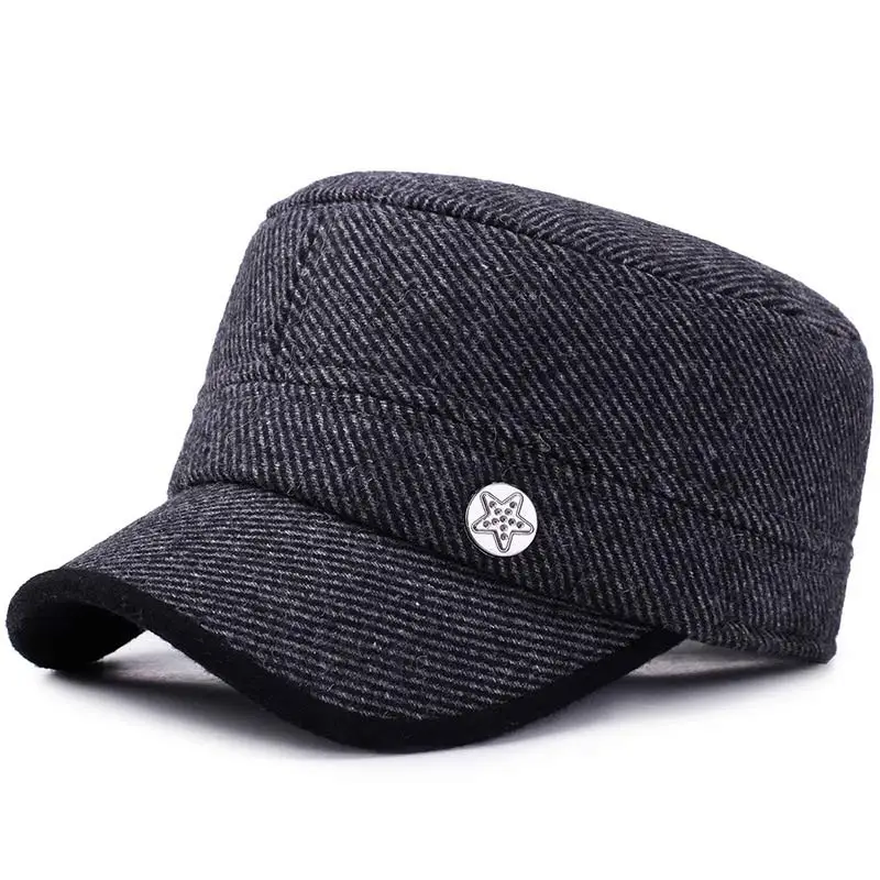 Men's Winter Baseball Cap Vintage Tweed Warm Earflap Caps Flat Top Dad