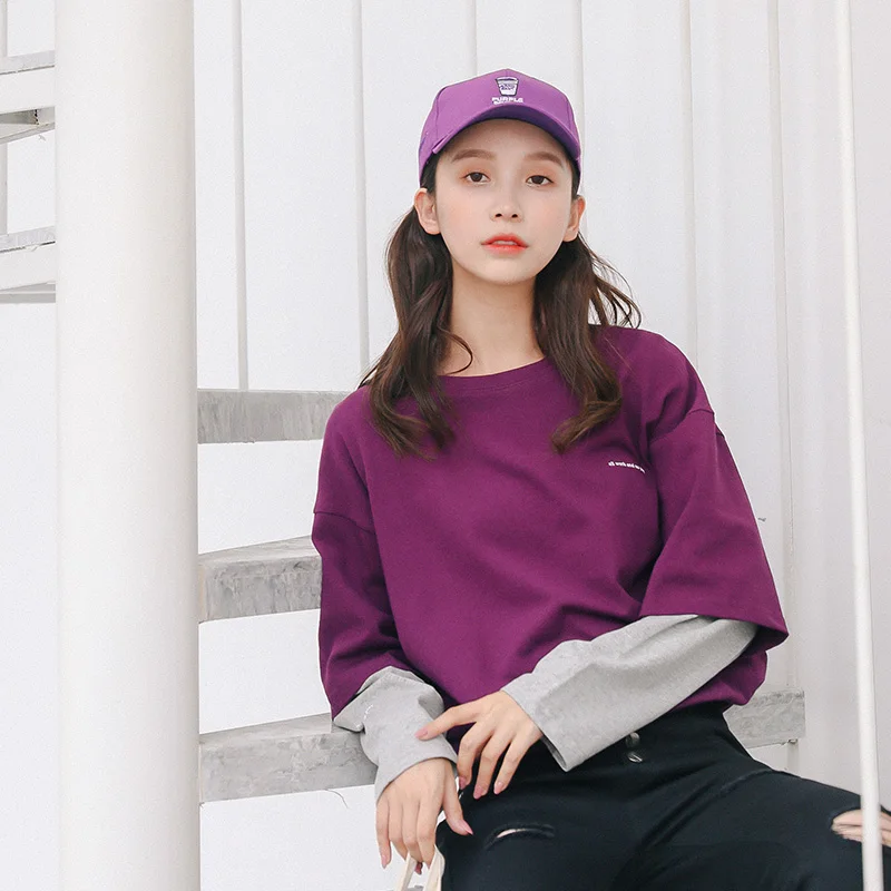 

ulzzang harajuku korean fashion spring 2019 autumn t shirt women trend personality print letter stitching long sleeved t-shirt