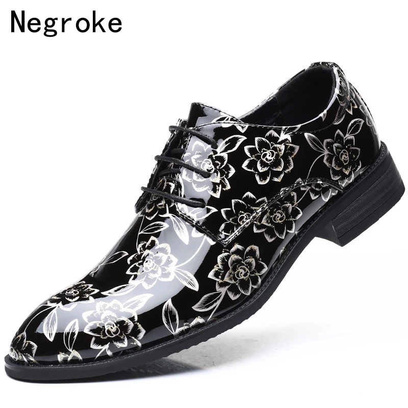 

2019 New Men Dress Shoes Floral Pattern Men's Oxfords Business Formal Wedding Shoes Pointed Toe Leather Zapatos Hombre Plus Size