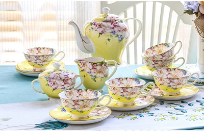 21 шт./набор, деликатный костяной фарфор кофейная чашка, европейская винтажная чайная чашка, чайный чайник, чайный чайник и чайная чашка и блюдце набор - Цвет: yellow