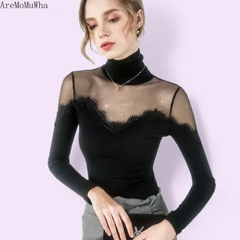 

AreMoMuWha 2019 Spring New Sexy T-shirt Mesh Stitching Word Shoulder Shirt Female Clavicle Hollow Bottoming Shirt Women Shirts