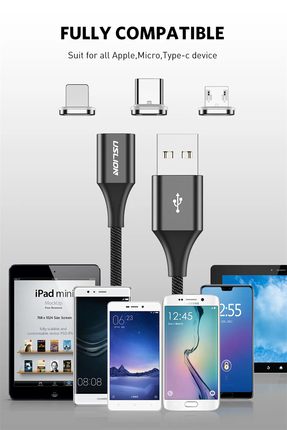 USLION Магнитный USB кабель Micro usb type C кабель для iPhone samsung S10 Plus 3A Быстрая зарядка магнит зарядное устройство кабели для мобильных телефонов