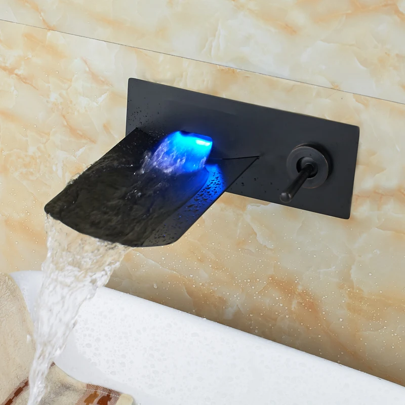 Wall Mounted Bathroom Sink/ Tub Faucet Single Handle LED Waterfall Spout Mixer Tap Oil Rubbed Bronze