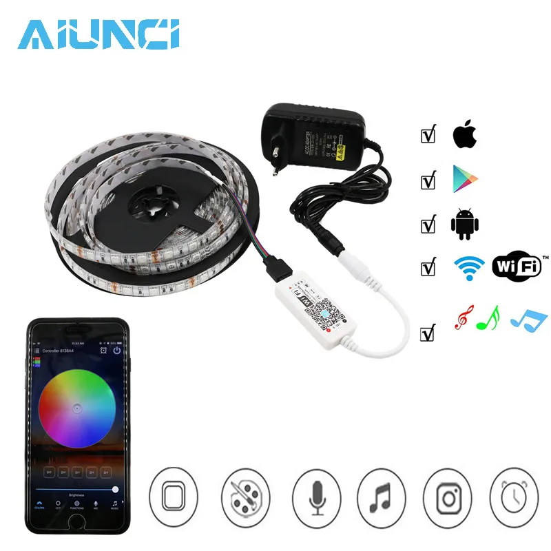 

5M 5050 RGB LED Strip Light Set Waterproof Led Light flexible RGB diode led tape set+WIFI Remote Control+12V Power Adapter
