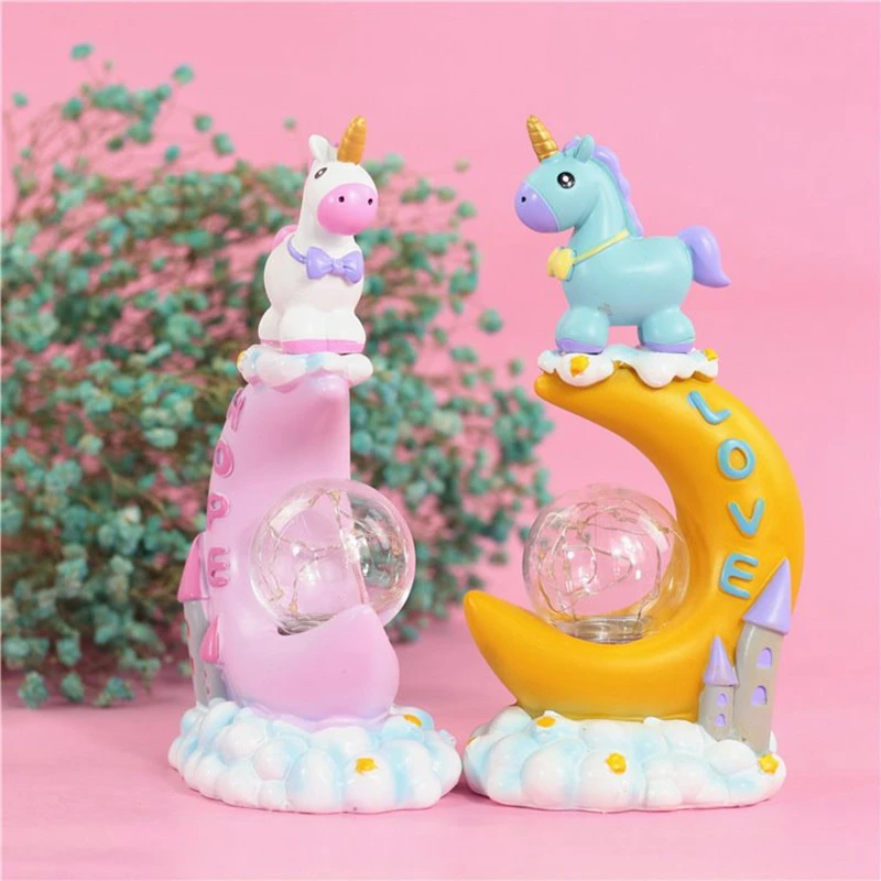 Cartoon Unicorn Resin Craft Led Night Light Car Miniature Decor Kids Home Decor Table Lamp Ornaments Birthday Valentine Gifts
