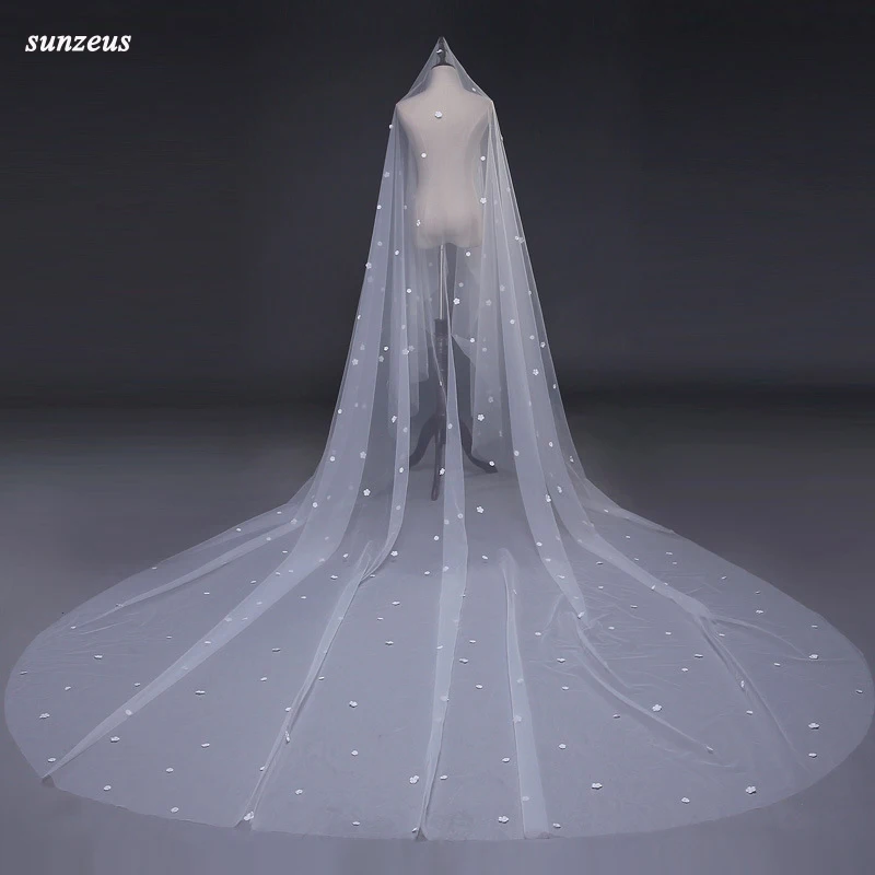 

2018 New Floral Wedding Veils In-stock Free Shipping Cut Edge One Layer Long Bridal Veils Ivory Flowers velo novia largo WV045