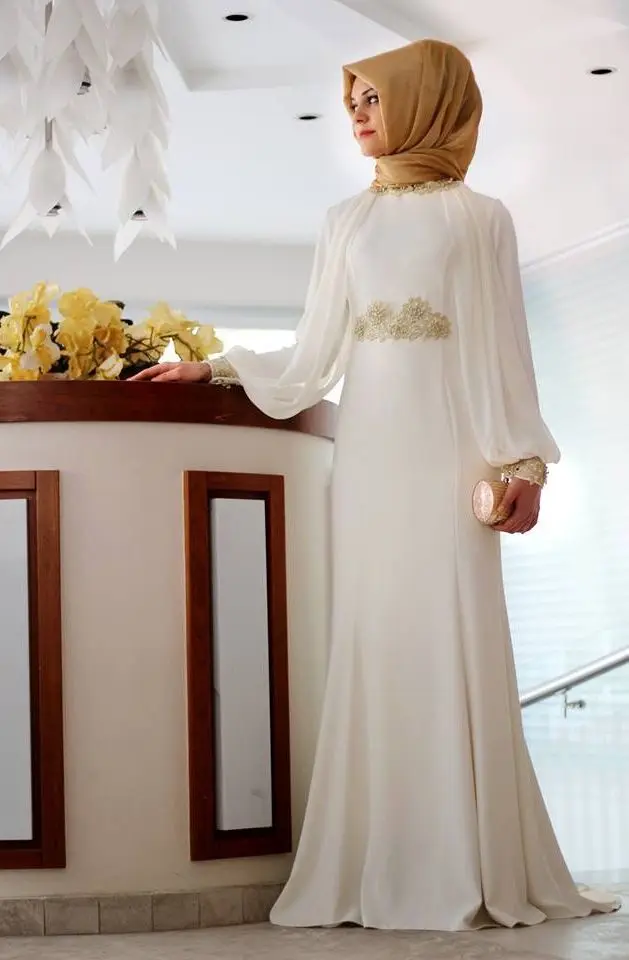 A line With font b Hijab b font Chiffon White color Elegant High Collar Long Sleeve