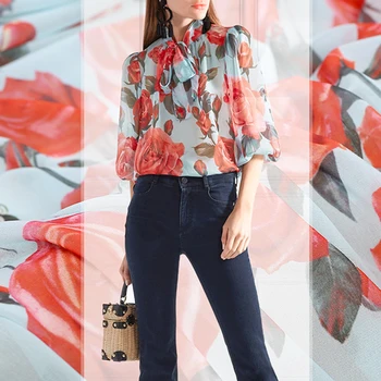 

140CM Wide 200G/M Big Rose Print Light Blue Polyester Chiffon Fabric for Summer Long and Short Dress Shirt Shirt Blouse E687
