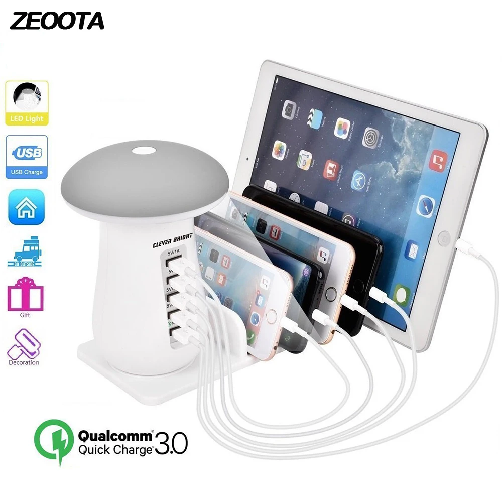 

Multiple USB Charging Station Fast Led Night Light QC3.0 Quick USB Charger 5 Ports Phone Charger for IPhone Samsung Xiaomi
