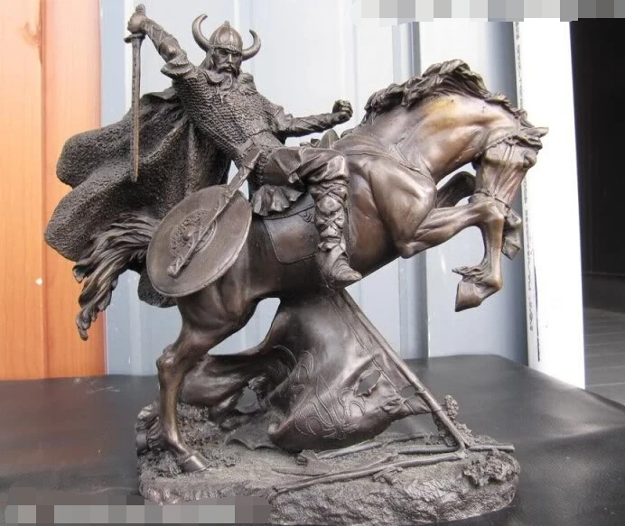 

10"Western classic Pure Bronze Rome chevalier warrior Art Statue on base Marble