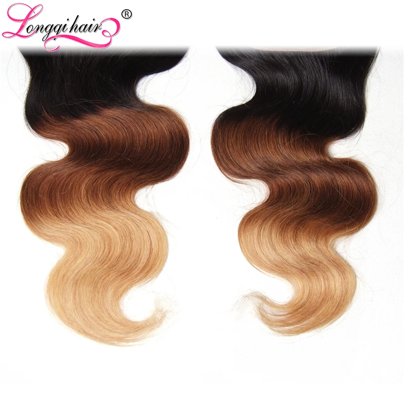 Longqi hair эффектом деграде(переход от темного к бразильские волнистые волосы Часть Кружева Закрытие 4x4 T1B/4/27 3 оттенка, переходящие плавно от темного к светлому) Цвет 14 16 18 дюймов Волосы remy