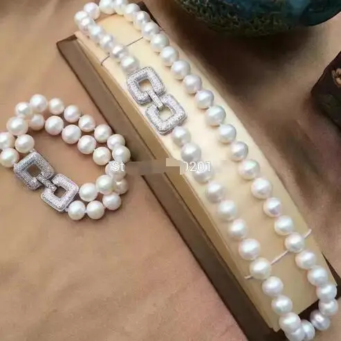 

Hot sale new Style >>>>2rows white freshwater pearl near round 8-10mm necklace bracelet 19inch 8inch wholesale beads
