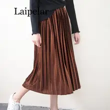 Laipelar Spring Summer Fashion Skirt High Waist Velvet Pleated Skirt Women Solid Elastic Waist Skirt Female drawstring waist pleated skirt