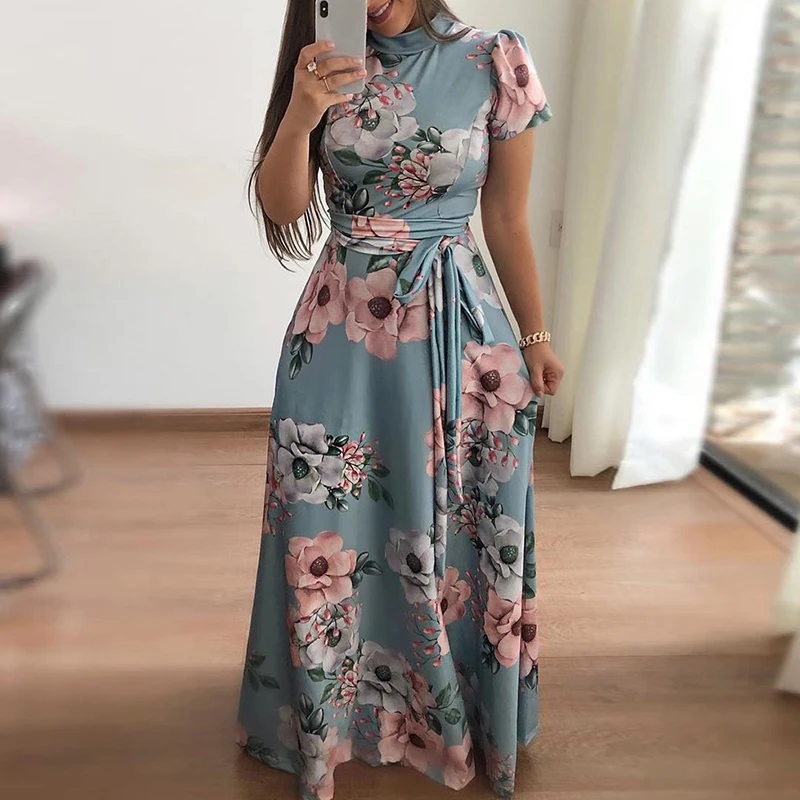 BBYES Autumn Fashion Floral Print Belt Stand Collar Short Sleeve Long Dress Vintage Maxi Dress
Casual Party Dresses Vestidos