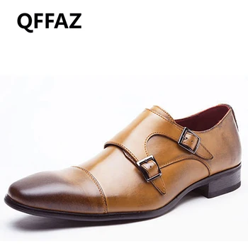 

QFFAZ Men casual shoes luxury brand genuine leather formal dress double monk buckle straps wedding brogues shoes zapatos hombre