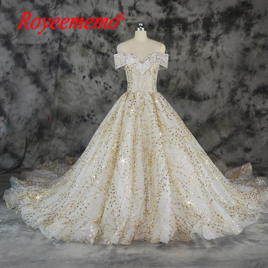 

2018 off the shoulder sleeve Ball Gown luxury glitter special golden lace and ivory wedding dress custom made bridal dress