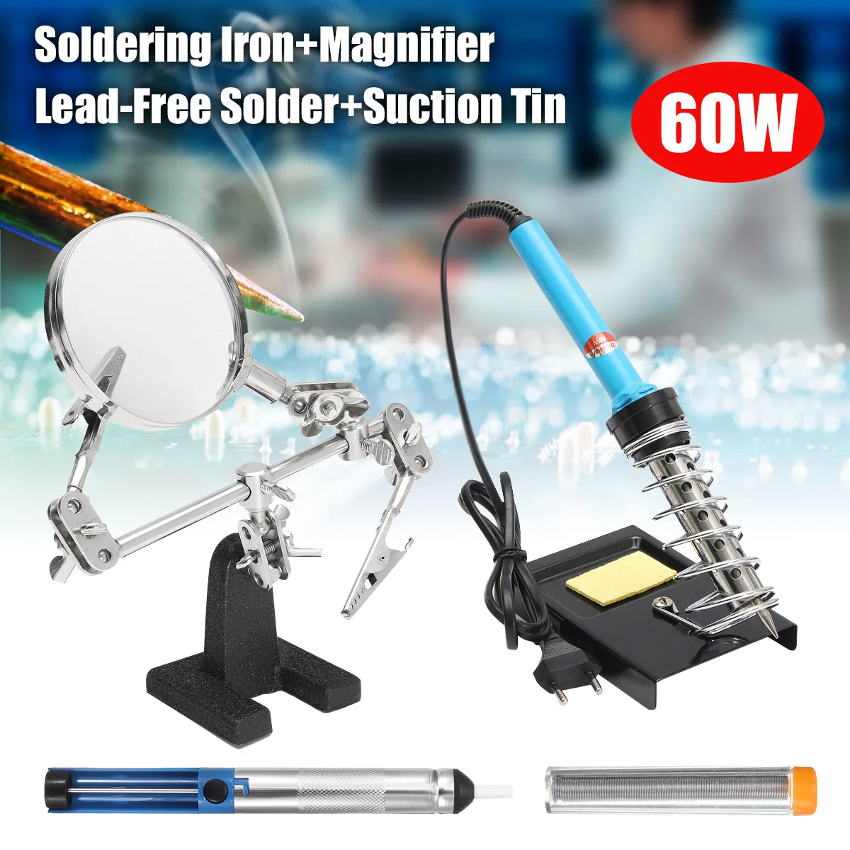 

5 In1 220 110V 60W Electric Rework Soldering Iron Kit With Magnifier Desoldering Pump Solder Wire