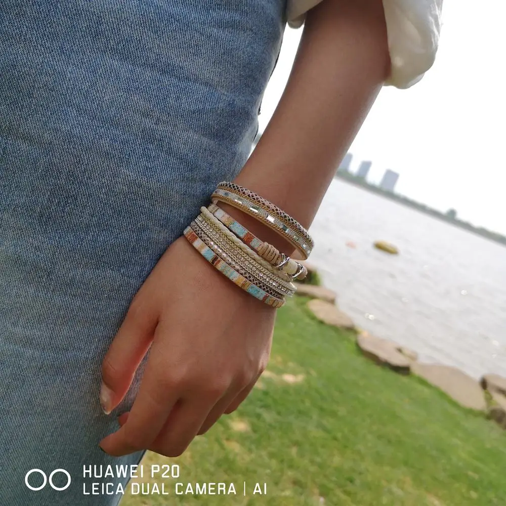 

Rinhoo Hot Sale Multilayer Leather Bracelets Bohemian Rhinestone Charms Magnetic Buckle Bracelet Boho for Women Men Jewelry Gift
