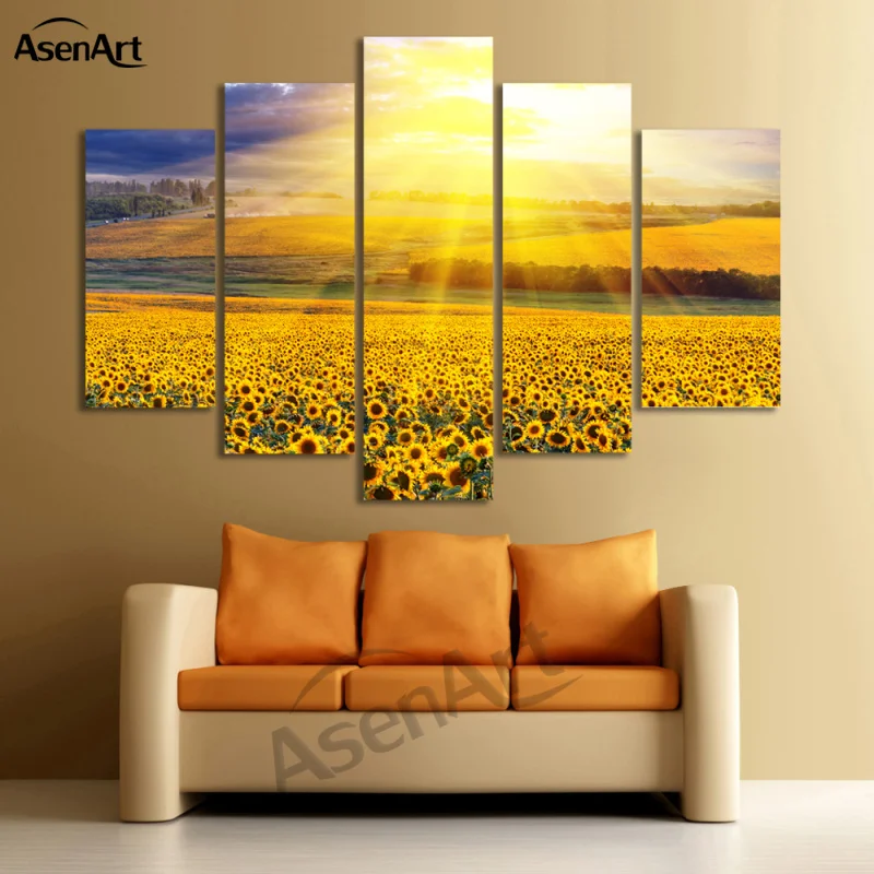 

5 piece Canvas Art Gold Sky Sunflower Pictures Painting Modern Print Sunshine Poster for Living Room Wall Decor Unframed Artwork